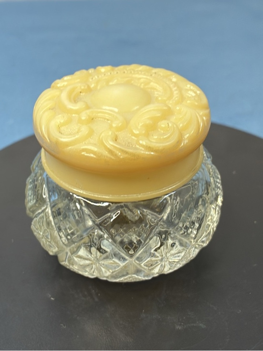 Avon Glass Powder Jar with Carved Ivory Lid